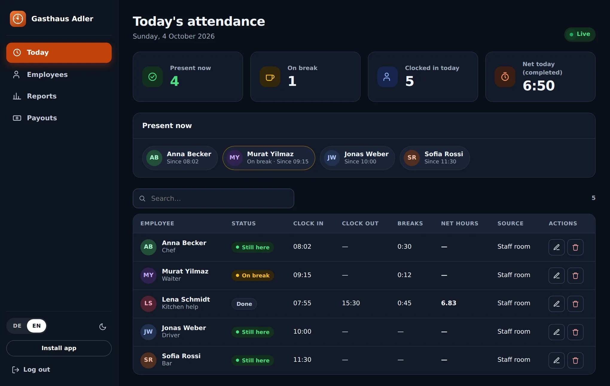 Live attendance dashboard