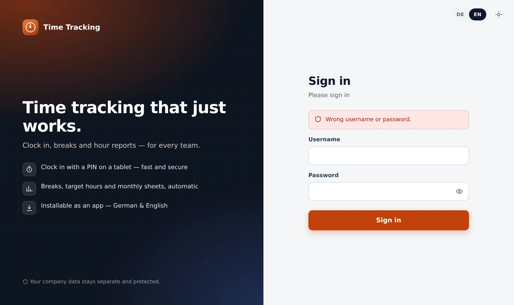 Login page